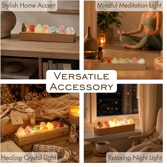 Healing Crystal Night Light, 7 Chakra Natural Bedside Lamp with Wooden LED Light Base, Healing Stones Positive Energy Night Lights for Home Decor Gifts (Rechargeable)