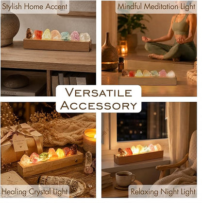 Healing Crystal Night Light, 7 Chakra Natural Bedside Lamp with Wooden LED Light Base, Healing Stones Positive Energy Night Lights for Home Decor Gifts (Rechargeable)