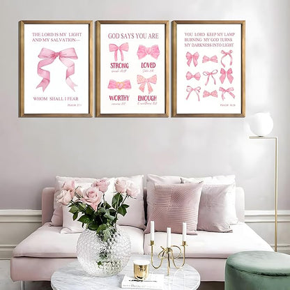 JBZDD Christian Pink Bow Wall Art Posters Set of 3 Unframed Inspirational Bible Verse Quotes Prints for Girls Room College Dorm Bathroom Bedroom Living Room Decor 12x16in