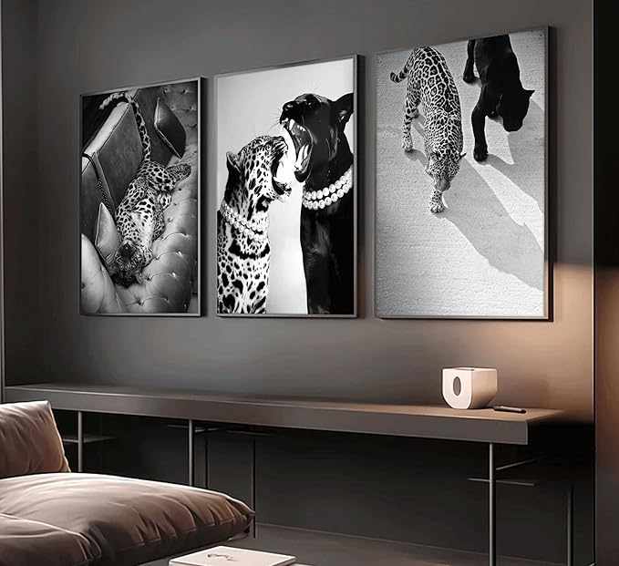 3 Pcs Black and White Cheetah Canvas Wall Art Vintage Trendy Wild Leopard Painting Picture Wall Decor Poster Print Artwork for Bedroom Living Room Apartment Home Decoration (24L x16W-Poster)