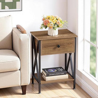 VECELO Night Stand Set of 2, End Tables with Drawer, 2-Tier Bedside Tables with X Shaped, Side Table Stand with Storage Shelf for Living Room/Bedroom,Walnut Brown