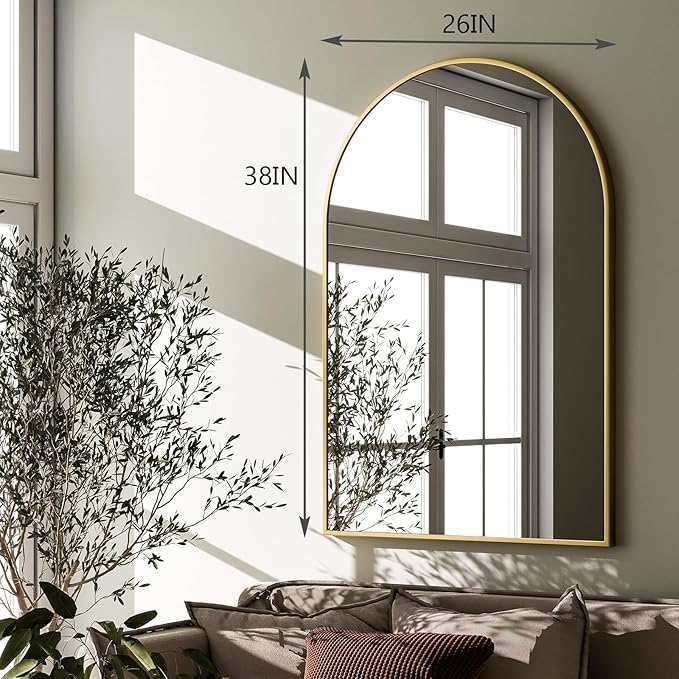 HARRITPURE Arched Wall Mirror – 26"x38" Arch Bathroom Mirror Metal Frame Vanity Mirror for Bedroom, Entryway Dresser Decor, Gold
