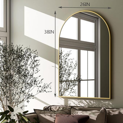 HARRITPURE Arched Wall Mirror – 26"x38" Arch Bathroom Mirror Metal Frame Vanity Mirror for Bedroom, Entryway Dresser Decor, Gold