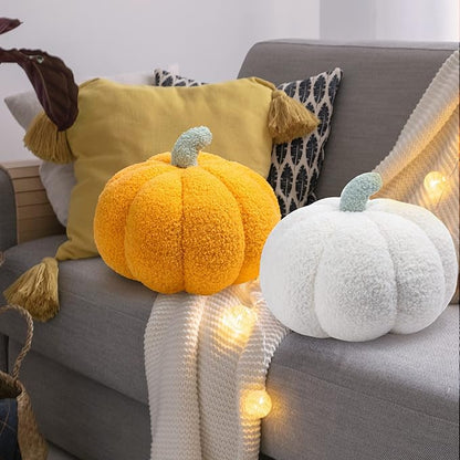 Kajaia 2 Pcs Simulated Pumpkin Plush Pillow 11 x 9.5 Inch 3D Cushion Fall Decorations Stuffed Throw Pillows Toy for Fall Halloween Thanksgiving Bedroom Sofa Couch Supplies (White,Yellow)