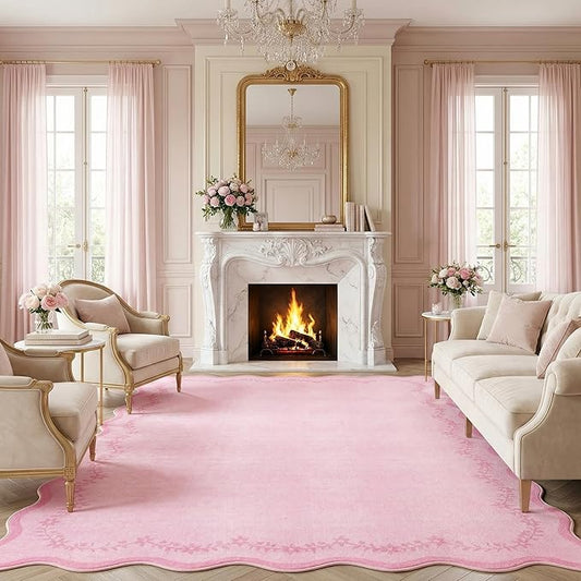 GarveeHome 6x9 Scalloped Area Rug Pink Washable Rugs for Living Room Bedroom, Soft Low Pile Non Slip Accent Floor Mat Solid Floral Print Throw Rug Farmhouse Indoor Carpet for Dorm Playroom