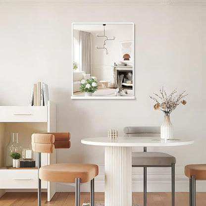 Bathroom Mirror with Shelf, White Rectangle Wall Mirror Metal Frame, Hanging Horizontal or Vertical (24'' X 20'')
