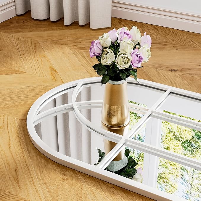 OGCAU Full Length Arched Floor Mirror, 65"x22" Window Pane Design, Decorative Hanging or Leaning, Full Body with Iron Frame for Bedroom Living Room (White)