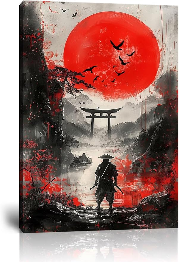 Japan Samurai and Full Moon Pictures Wall Art Japanese Theme Painting Canvas Prints Bushido Posters Japanese Landscape Artwork Home Decor Framed for Living Room Bedroom Office (18''W x 24''H)