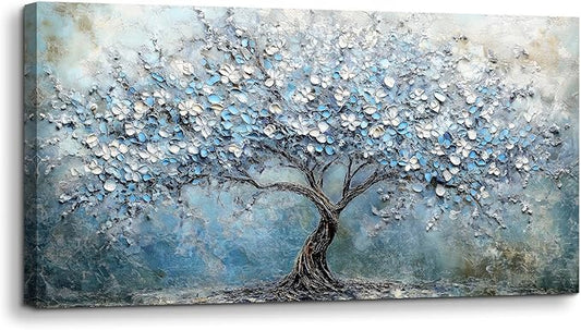 crmotu Tree of Life Large Wall Art for Living Room, Cherry Blossom Tree Abstract Art Prints Canvas Pictures, Modern Blue White Aesthetic Painting Bedroom Bathroom Home Office Wall Decor 24"X48"