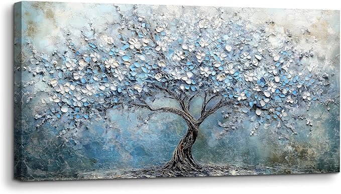crmotu Tree of Life Large Wall Art for Living Room, Cherry Blossom Tree Abstract Art Prints Canvas Pictures, Modern Blue White Aesthetic Painting Bedroom Bathroom Home Office Wall Decor 29"X57"