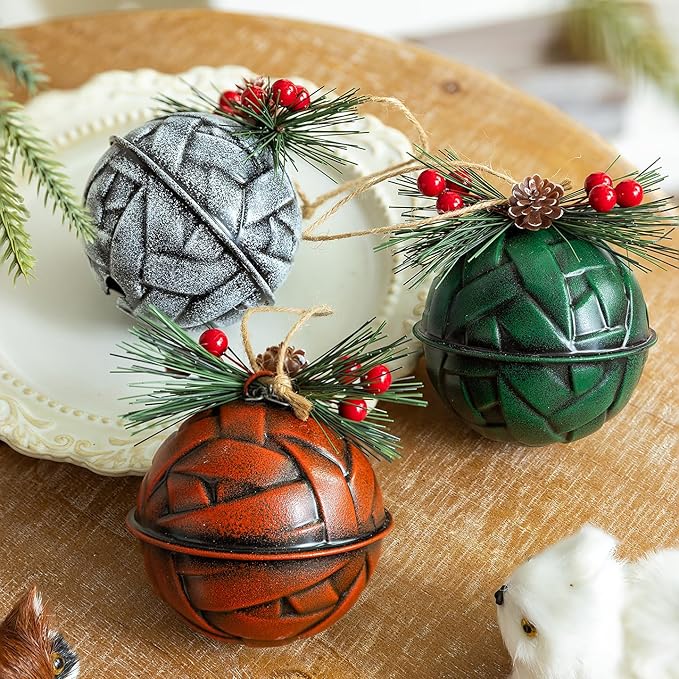 Christmas Bells, Christmas Jingle Bell Decorations with Pinecones and Berries Festive Decor with Real Bell Sound - Holiday Decor for Christmas Tree, Wreath, 3 Pack (White, Red & Green)