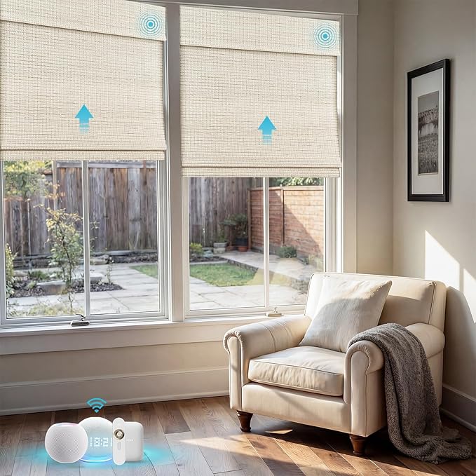 Motorized Bamboo Roman Shades, Motorized Blinds with Remote Compatible with Homekit, Alexa GoogleHome, Smart Wood Woven Shades for Indoor Windows, Customize, Sandstone Grid