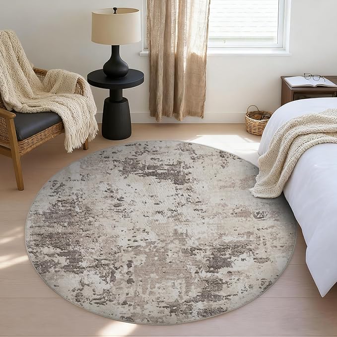 ROYHOME Modern Abstract 8x8 Round Area Rug Non Slip Non Shedding Rug Low Pile Stain Resistant for Bedroom Living Room Office Dining Room,Brown Grey