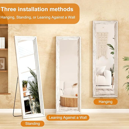 ZHUNFA Full Length Mirror,65x22 Inch Full Length Mirror Wall Mounted,Vertical Hanging,Leaning Standing for Bedroom,Living Room,Rectangular Wooden Frame,Wood White Color.