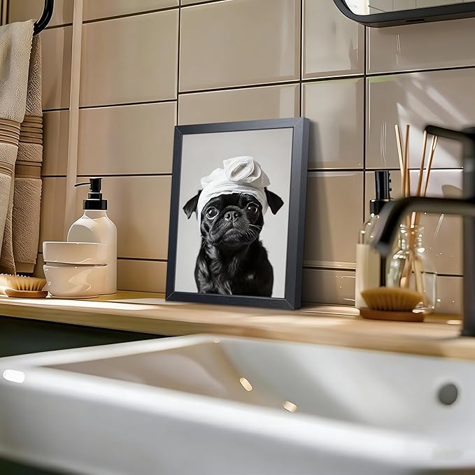 Framed Funny Dog Bathroom Wall Art, Cute Pug Bathroom Wall Decor, Cute Animal Canvas Print Picture, Modern Farmhouse Restroom Home Decor Painting 8x10 Inch Framed