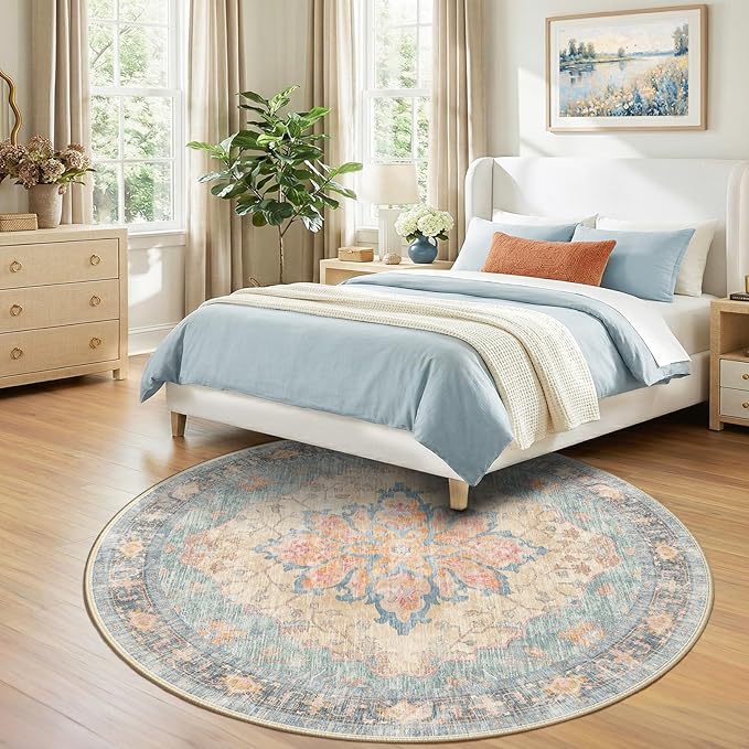 RELEANY Area Rugs Round 7ft Washable Non-Slip, Floral Vintage Distress Print Pattern Medallion Carpet for Living Room Bedroom Dining Room, Blue Orange Red