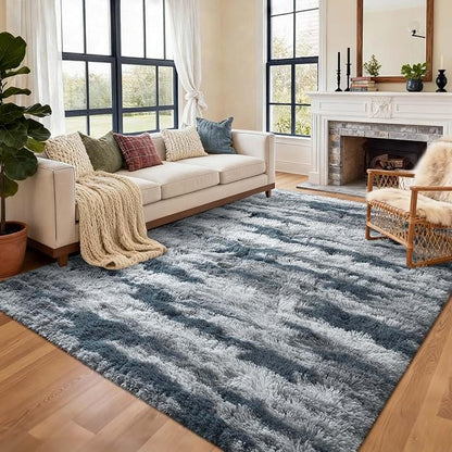 9x12 Ft Extra Large Shag Rugs for Living Room, Tie Dyed Ultra Soft Fluffy Furry Area Rugs for Bedroom Indoor Floor, Aesthetic Carpet for Kids Home Decor (Blue)