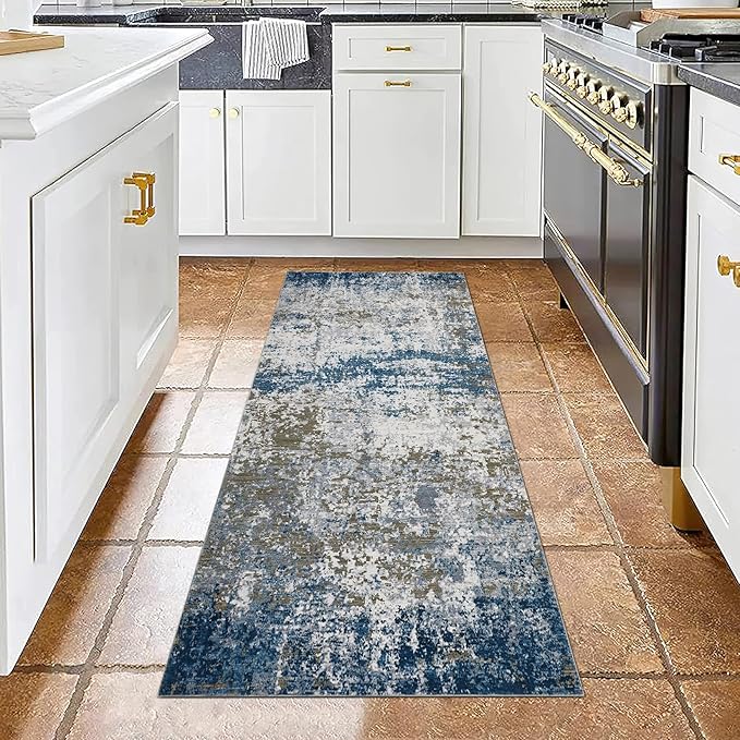 ROYHOME Modern Abstract 2x8 Runner Rug Non Slip Non Shedding Rug Low Pile Stain Resistant for Bedroom Hallway Kitchen,Navy
