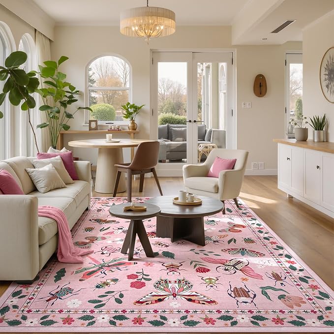 Lahome Insect Washable Rugs 8x10, Soft 8x10 Rugs for Living Room Dining Room Ultra-Thin, Non-Slip Bedroom Rug Large Carpet Non-Shedding Carpet for Girls Classroom Nursery Vionnet(8x10ft,Pink)