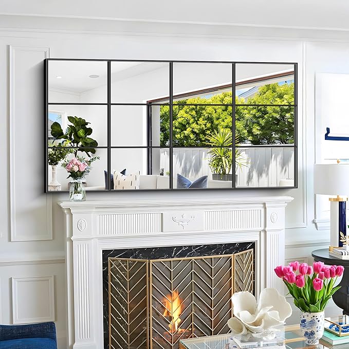 Rectangle Mirror, Wall Mounted, 30"x60" Window Pane Mirror Wall Decor Metal Framed, Large Black Mirror for Bedroom Living Room Fireplace Entryway Hanging or Leaning Against Wall