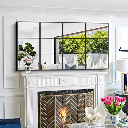 Rectangle Mirror, Wall Mounted, 30"x60" Window Pane Mirror Wall Decor Metal Framed, Large Black Mirror for Bedroom Living Room Fireplace Entryway Hanging or Leaning Against Wall