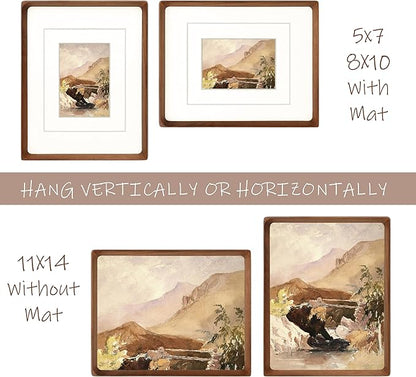 11x14 Picture Frame with Mat for 5x7/8x10, Natural Walnut Wood Handcrafted Rounded Corner with Real Glass, Vertical or Horizontal Display Photo Gallery Wall Mounting Frame