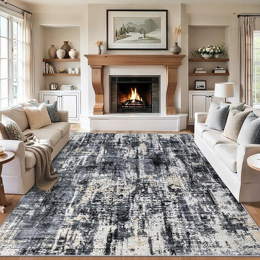 8x10 Area Rugs for Living Room - Washable Rug Modern Abstract Soft Large Neutral Non-Slip Carpet Indoor Floor Thin Carpets for Bedroom Dining Room Farmhouse Nursery Home Office Black Gold