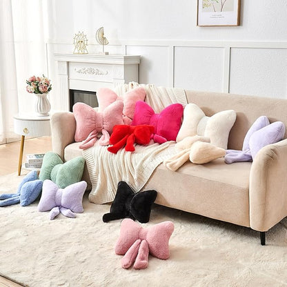 Ivory Bow Pillow,12'' Bow Decorative Pillows with Faux Rabbit Fur,Soft Bow Throw Pillows Aesthetic Bow Shaped Pillow for Bed Sofa Couch Home Decor