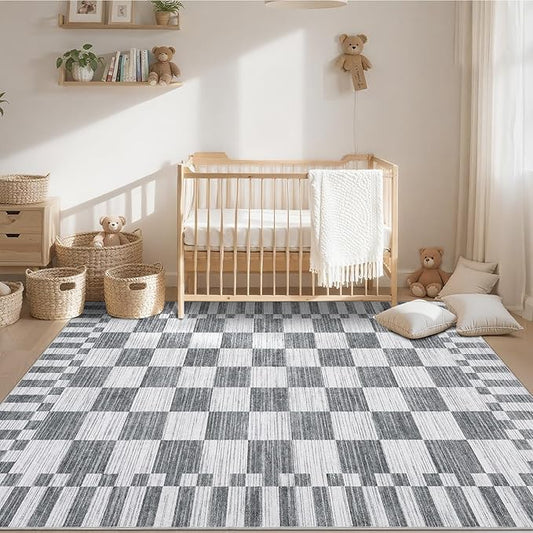 GarveeHome 8×10 Area Rugs for Living Room,Grey Checkered Rug, Non-Slip Washable Rugs 8x10,Soft Low-Pile Farmhouse Geometric Modern Rugs for Bedroom Dining Room