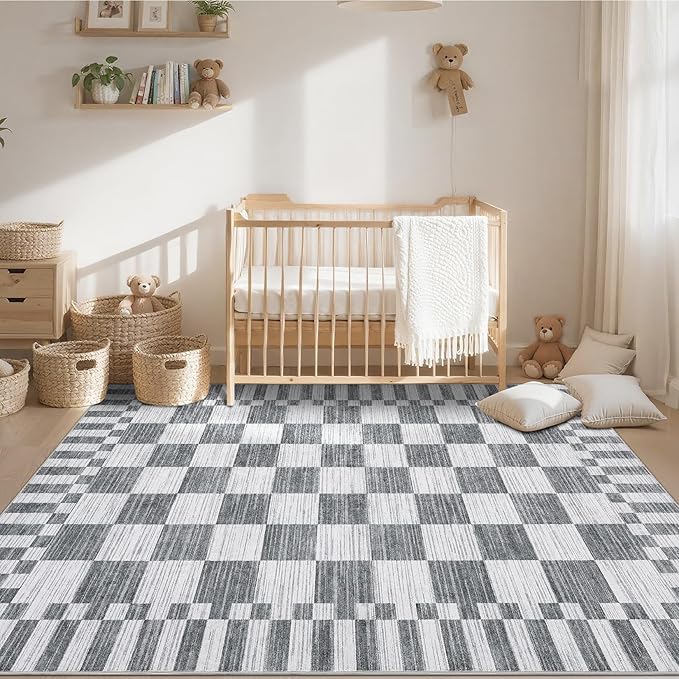 GarveeHome Grey Checkered Rug 4×6 Area Rugs for Living Room，Non-Slip Washable Rug Soft Low-Pile, Neutral Modern Farmhouse Geometric Rugs for Bedroom Dining Room Office