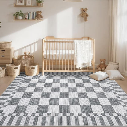 GarveeHome 9×12 Area Rugs for Living Room,Grey Checkered Rug, Non-Slip Washable Rugs 8x10,Soft Low-Pile Farmhouse Geometric Modern Rugs for Bedroom Dining Room