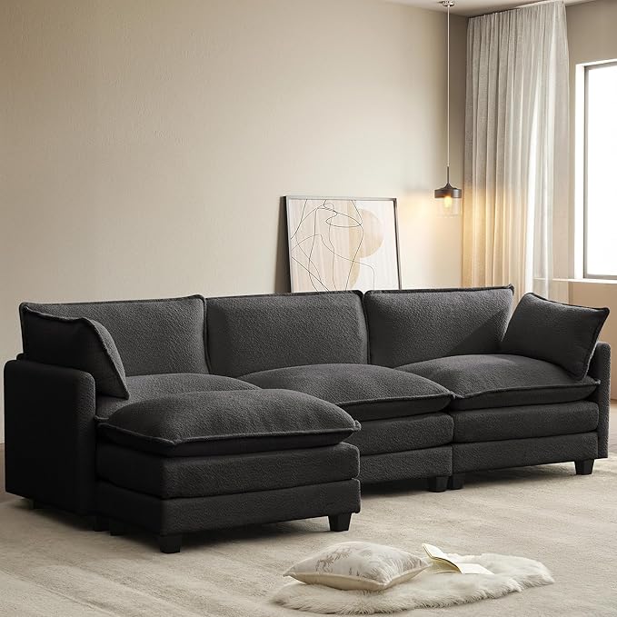 ROWHY 112'' Sectional Cloud Couch with Movable Ottoman, 4 Seat Modern Chenille Modular Sofa with 2 Throw Pillows, Deep Seat L Shaped Couch for Living Room Bedroom Apartment, Dark Grey | Sturdy Frame, Ultimate Comfort, Deep Seat, Pet-Friendly Fabric, Mo...