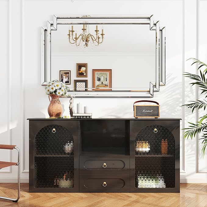 32" X 47" Large Bathroom Wall Mirror with Glass Pieces and Beveled Edge, Elegant Decorative Mirror for Wall Decor Living Room, Dining Room, Fireplace, Hang Horizontally or Vertically