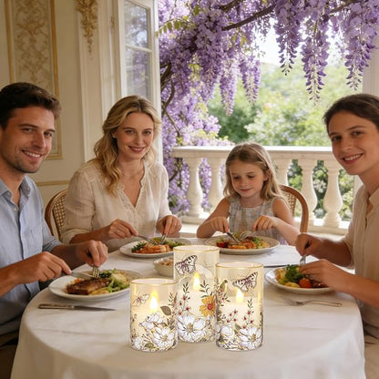 MELTONE Flameless LED Candles Botanical Butterfly Design with Remote Control & Timer Function & Dimmable, Battery Operated Glass Candles for Home Party Wedding Christmas Spring Decor, Set of 3