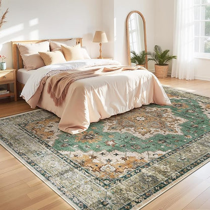 Area Rug 9x12 Vintage Rug: Large Washable Indoor Medallion Rugs Low Pile Distressed Floor Carpet Retro Accent Rug for Living Room Bedroom Kitchen Dining Table Home Office(Brown Green, 9'x12')