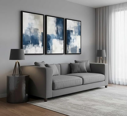 Devatz 3 Pcs Navy Blue Abstract Poster Wall Art Modern Minimalist Neutral Blue and Grey Paintings Pictures Wall Decor Print Artwork for Living Room Bedroom Office Home Decoration Unframed