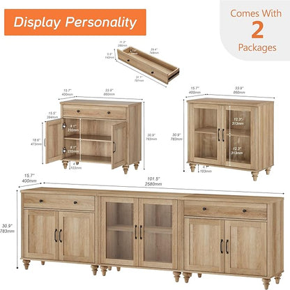 WAMPAT Farmhouse TV Stand for 100 Inch TV, 3-in-1 TV Console Table for 75/80/85/90 Inch TV, Entertainment Center with Glass & Wood Door, Kitchen Sideboard Buffet Cabinet for Dining Room, Oak