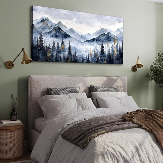 SERIMINO Mountain Landscape Large Wall Art, Misty Forest Canvas Prints, Blue Gold Watercolor Pine Tree Paintings Wall Decor Living Room Bedroom, Natural Scenery Office Decor Pictures 29"X57"