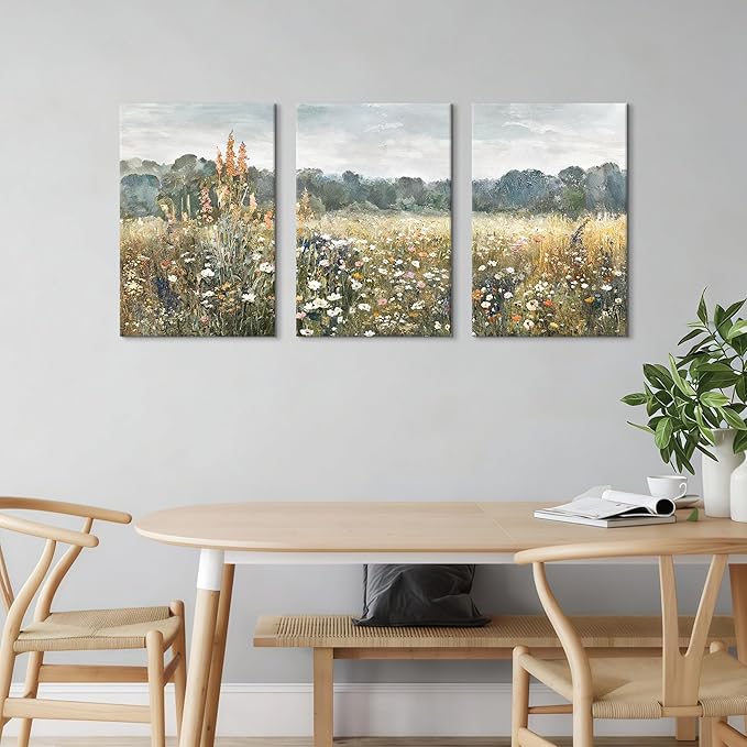 WENGTIAO 3Pcs Spring Wildflower Field Canvas Wall Art Prints Rustic Meadow Landscape Painting Nature Watercolor Flower Pictures Poster Vintage Farmhouse Artwork for Living Room Bedroom 16”x24”x3
