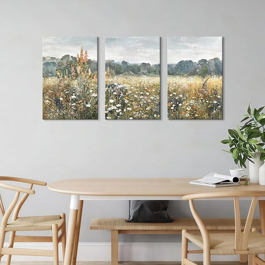 WENGTIAO 3Pcs Spring Wildflower Field Canvas Wall Art Prints Rustic Meadow Landscape Painting Nature Watercolor Flower Pictures Poster Vintage Farmhouse Artwork for Living Room Bedroom 16”x24”x3
