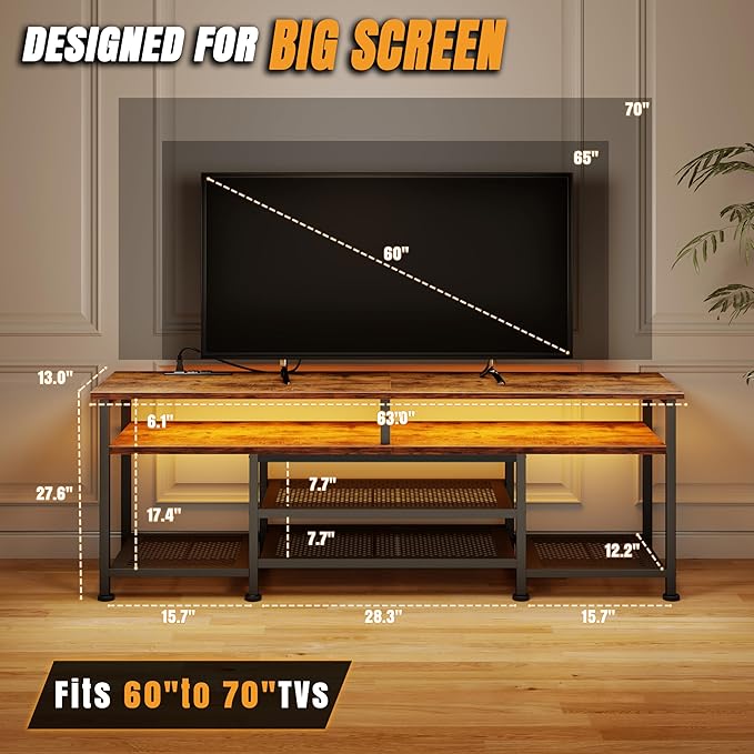 Korfile TV Stand for 60/65/70 inch TV,63 InEntertainment Center with LED Lights and Power Outlets, TV Console Table with Open Shelves for Living Room and Bedroom, Rustic Brown