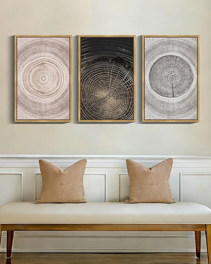 PHOPAGO Vintage Wood Tree Rings Wall Art 16x24in Farmhouse Rustic Framed Canvas Paintings Living Room Bedroom Decor Nature Artwork Natural Framed
