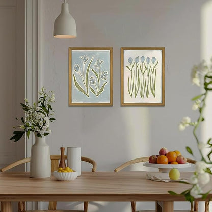 wanyun Blue Tulip Flower Wall Art Set of 2, Watercolor Floral Preppy Canvas Poster Prints, Modern Botanical Painting Aesthetic Picture for Living Room Bedroom Bathroom Apartment Wall Decor 12x16 Inch Framed