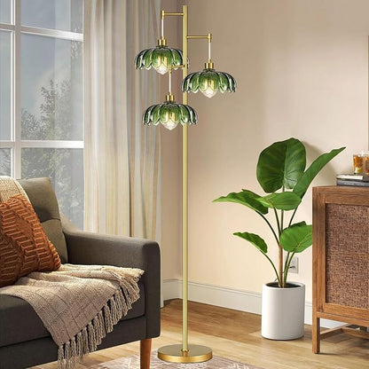 AHDWDW Gold Floor Lamp for Living Room Bedroom,Modern Floor Lamps with Unique Green Glass Shades,3 Lights Mid Century Tall Standing Lamp,Vintage Tree Flower Floor Lamp for Corner Office Reading