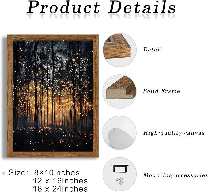 JLTULT Framed Enchanted Forest Firefly Canvas Wall Art, Dark Twilight Landscape Wall Decor, Rustic Botanical Nature Tree Art Prints for Bedroom Living Room Office Decoration 12x16 inch Easy to Hang