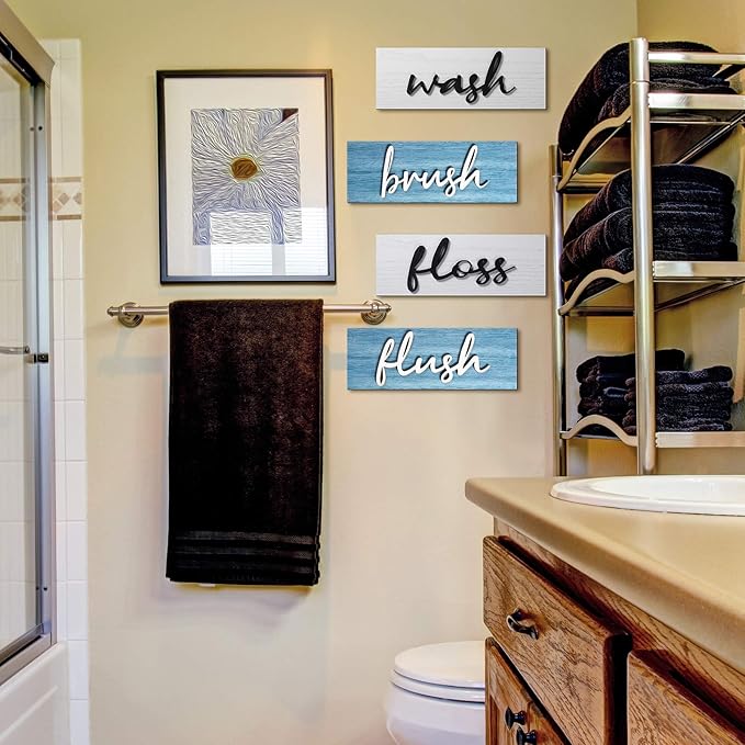 Jetec 4 Pieces Farmhouse Bathroom Wall Decor Wash Signs Rustic Hanging Wooden Signs Primitive Wall Arts Vintage Country Wooden Decorations for Home Room Bathroom(Blue, White)