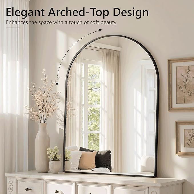 Arched Bathroom Mirror for Wall, 38" x 26" Black Metal Frame Vanity Mirror, HD Glass Over Sink for Bathroom, Entryway, Bedroom