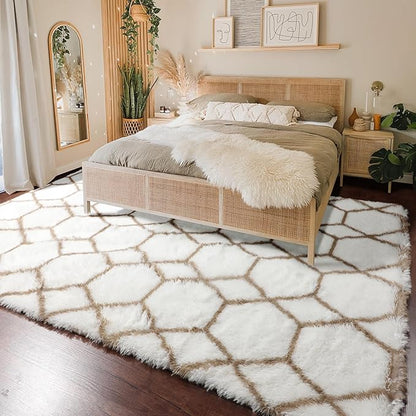 ONASAR 8x10 Area Rugs for Living Room, Fluffy White and Beige Bedroom Rug, Geometric Boho Large Soft Plush Shaggy Fuzzy Floor Carpet for Nursery Kids Classroom Playroom Dorm Home Decor