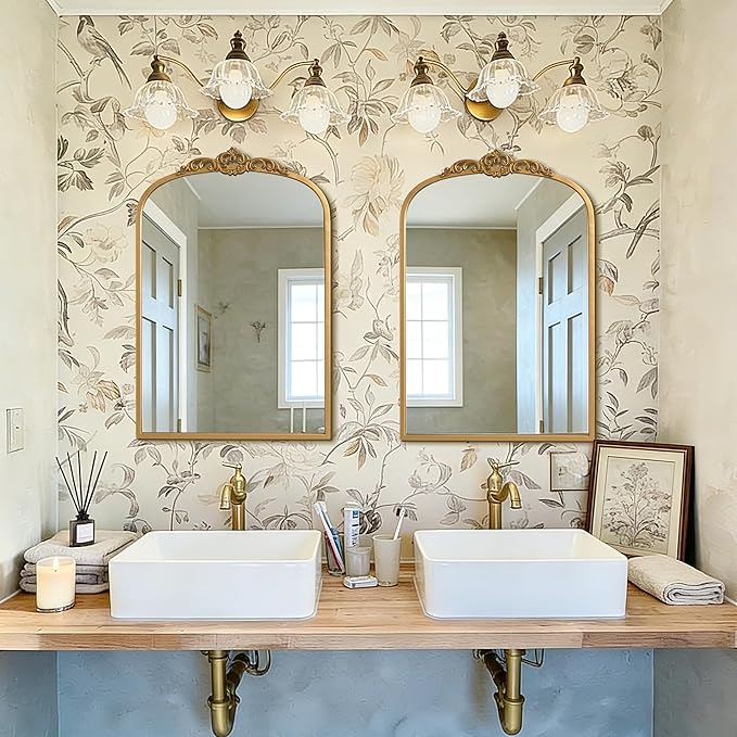 1 Set Vintage Mirror 20x30 Gold Antique Baroque Arched Ornate Traditional Brass Mirror and 8.5x12 Vintage Vanity Makeup Desk Table Mirror for Bathroom Entryway Living Room Hallway Fireplace