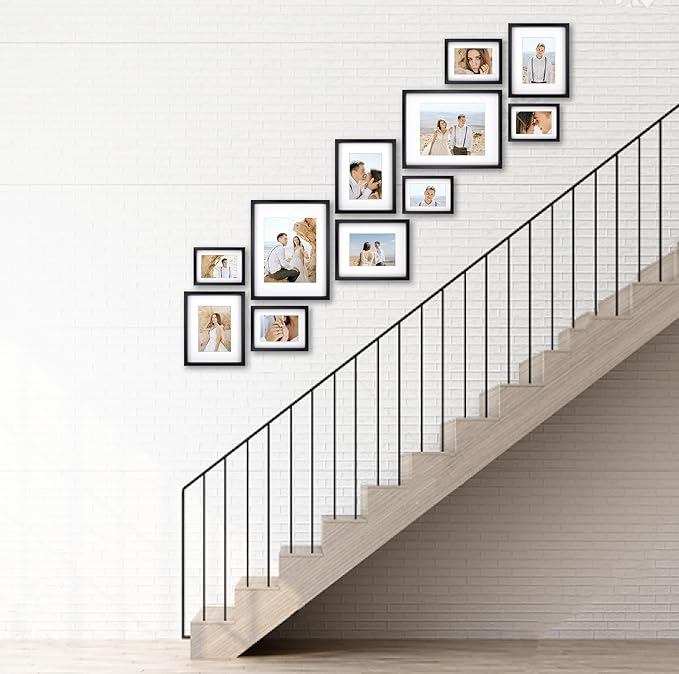 VELISTA 11 Piece Stair Picture Frame Set for Wall – Shadow Box Stairwell Gallery Wall Frame Set -Stairway Décor for Walls - Ladder Picture Frames 4x6, 5x7, and 8x10 in – Staircase Wall Décor (Black)